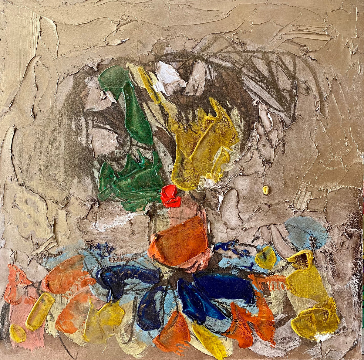 Personnage aux formes colorées sur fond beige — Salah Benjkan, 40 × 40 cm