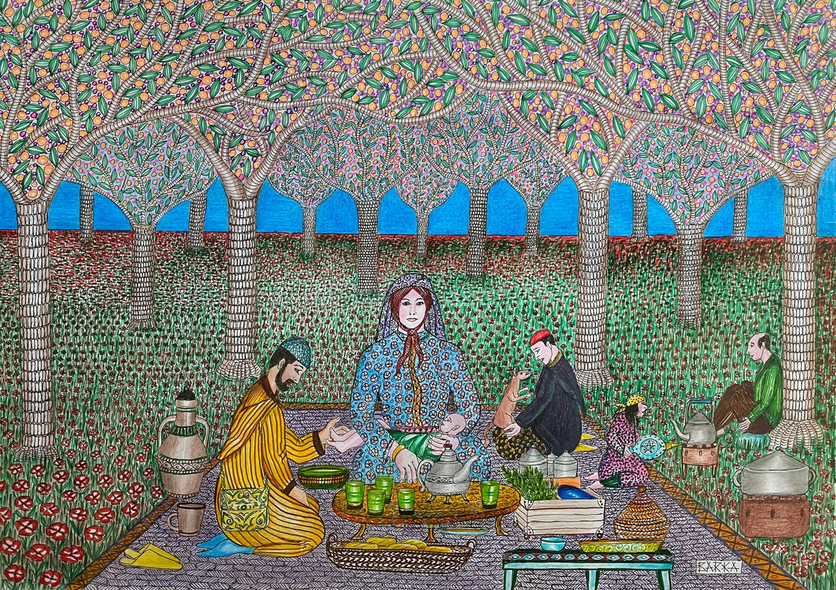 Personnages réunis sous les arbres — El Mostafa Barka, 50 × 70 cm