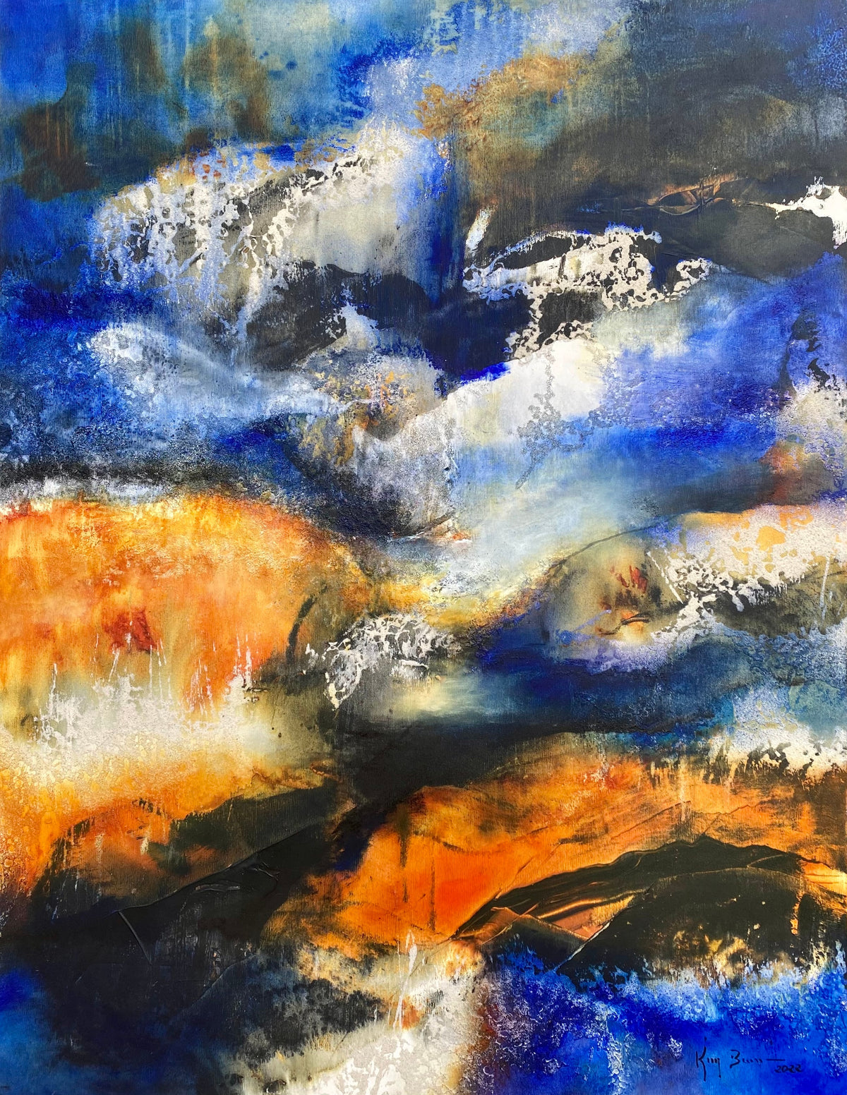 Tableau abstrait bleu, orange et blanc — KIM Bennani, 130 × 100 cm