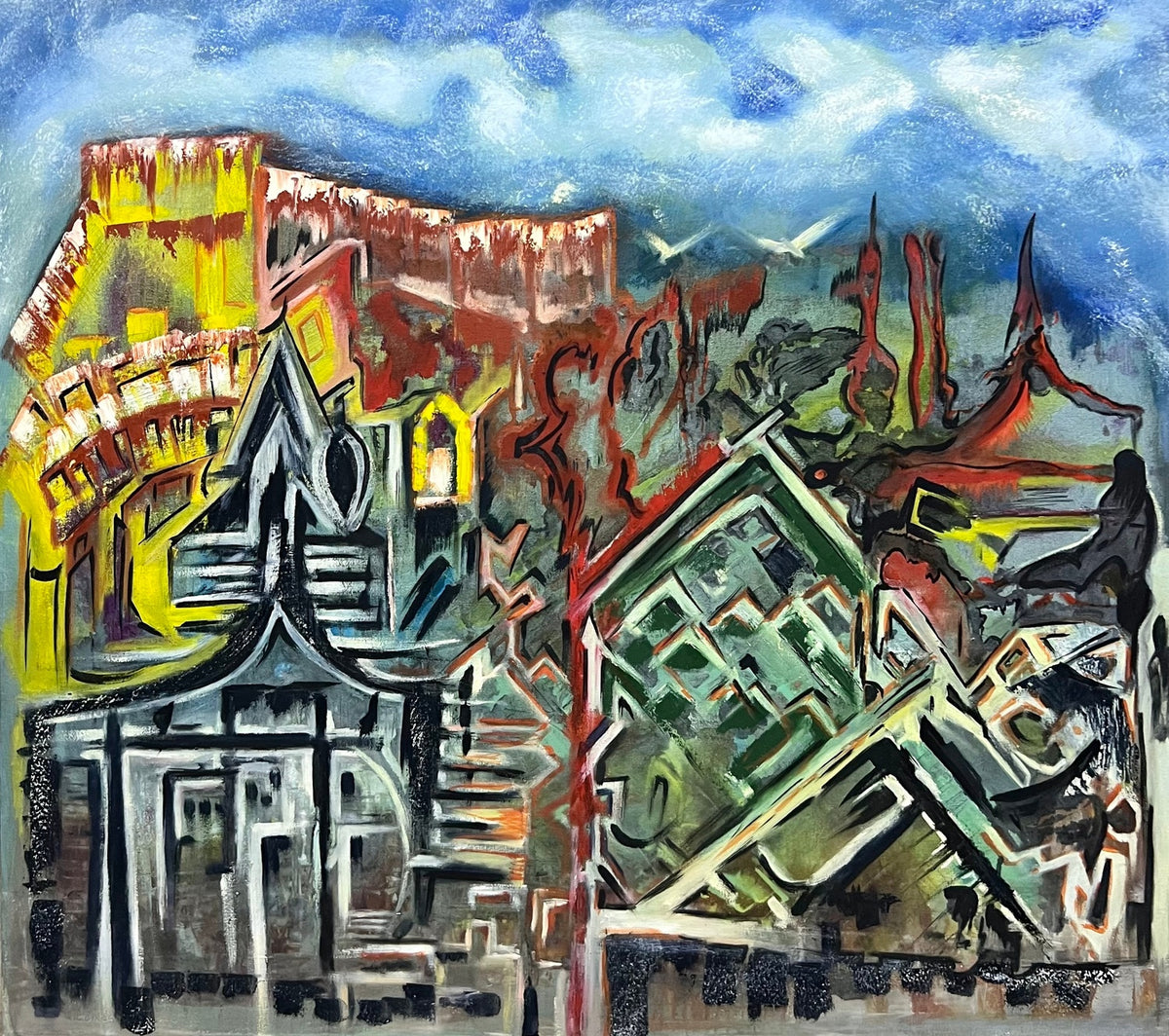 Formes architecturales sous un ciel bleu — Abdelouahed Ziani, 90 × 100 cm