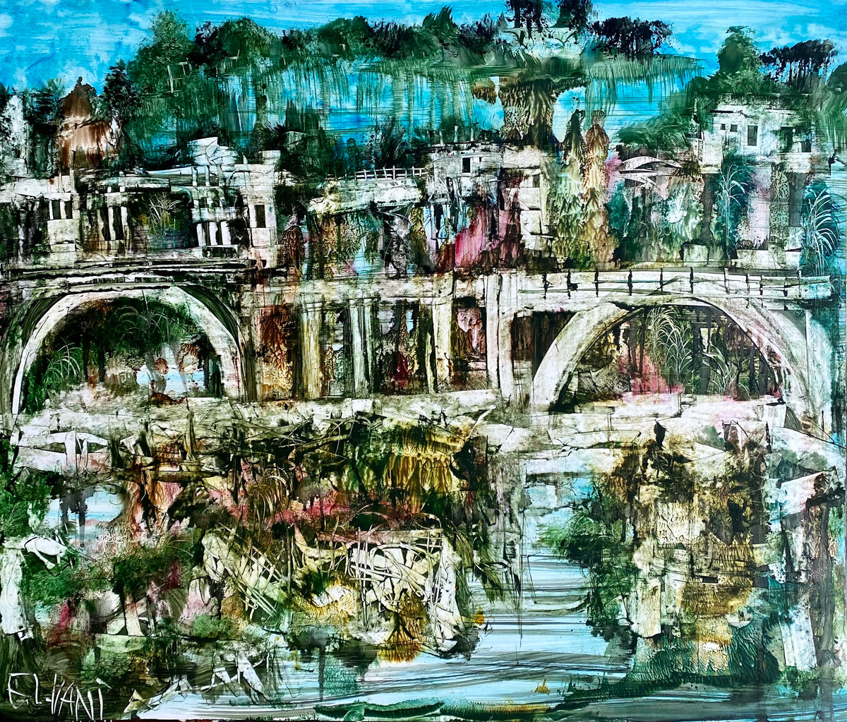 Façades, arches et touches vertes — Mohamed El Hani, Technique mixte sur carton, 92 × 108 cm