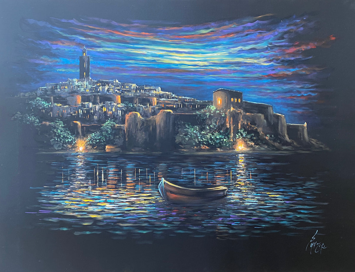 Ville nocturne et reflets sur l’eau — Ahmed Lahmer, 65 × 85 cm