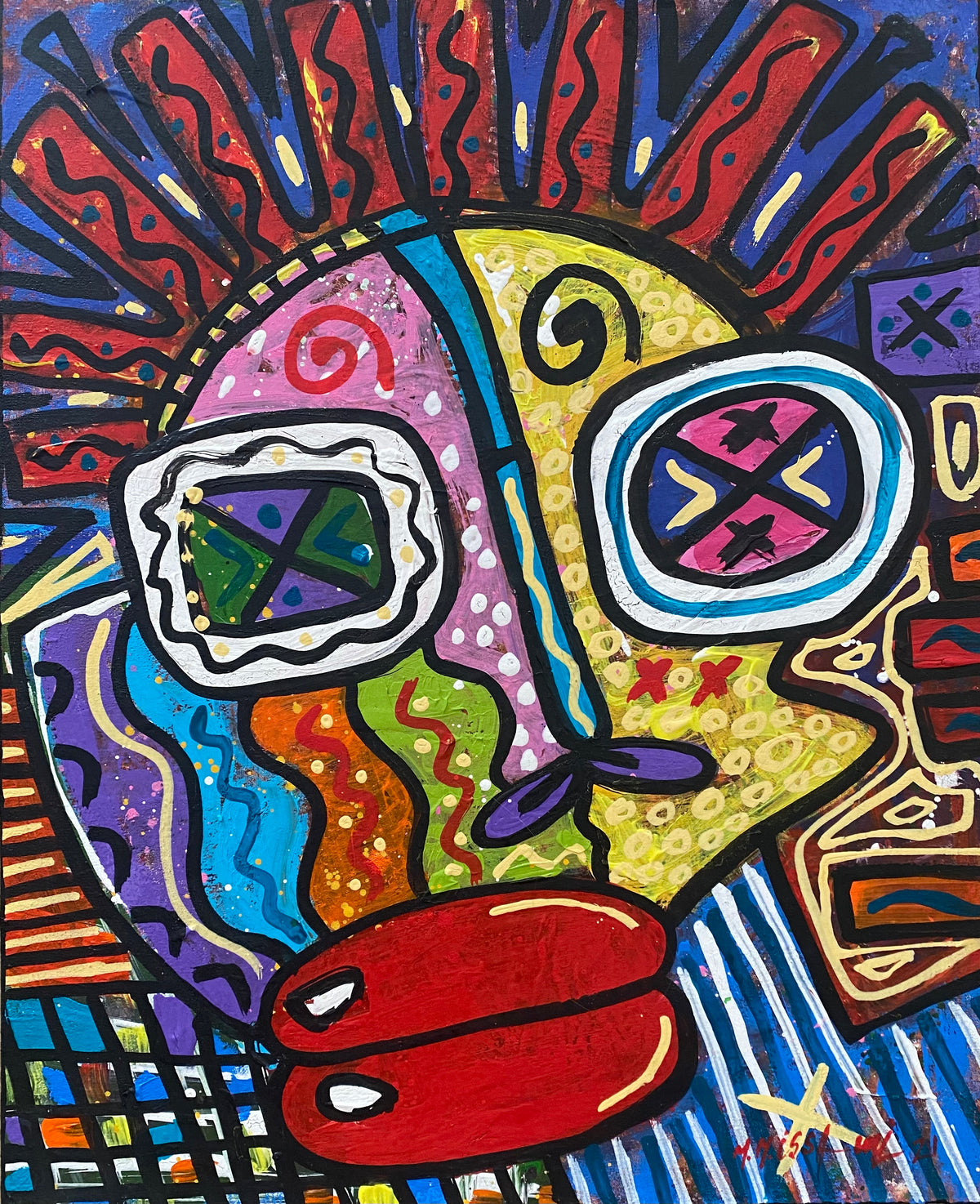 Grand visage aux signes multicolores — Mohammed Issami, 50 × 40 cm