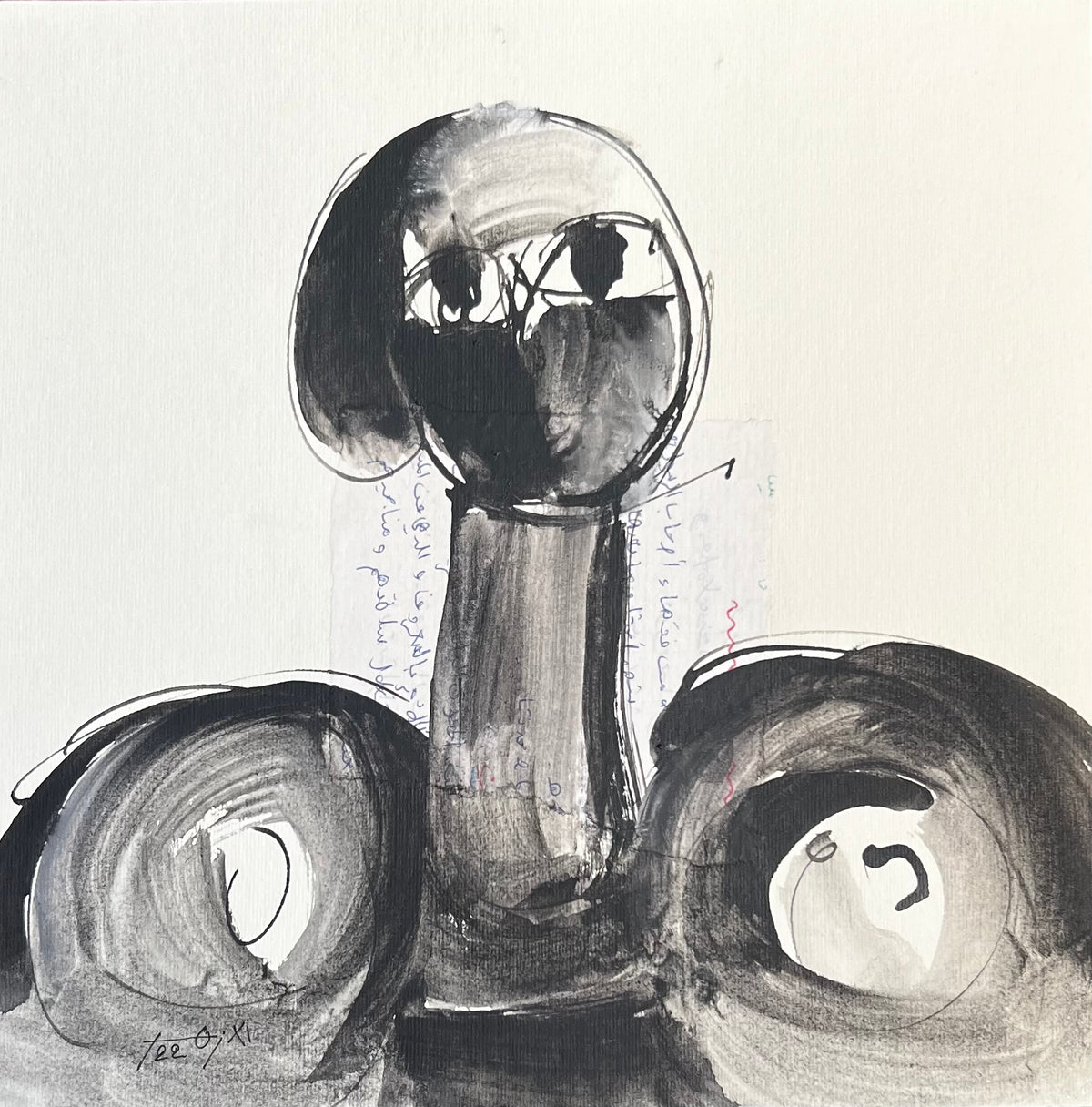 Portrait aux formes noires arrondies — Abdelkarim El Azhar, 25 × 25 cm