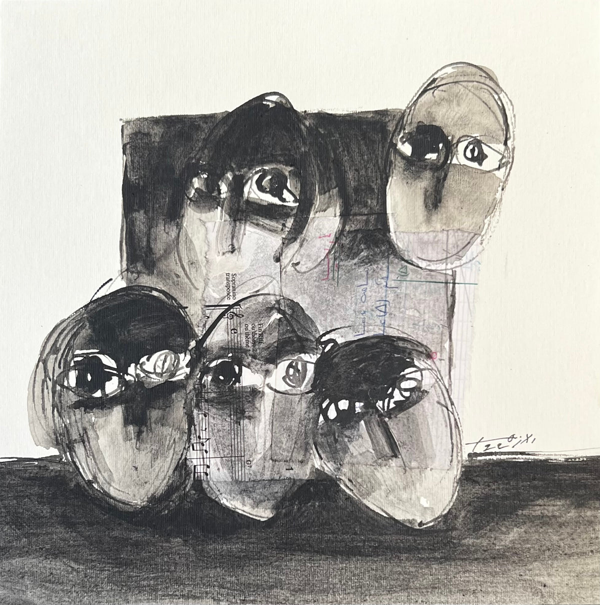 Cinq visages en noir et blanc — Abdelkarim El Azhar, 25 × 25 cm