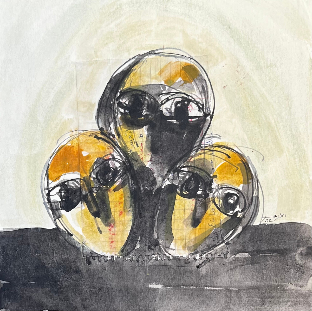 Trois visages jaunes et noirs — Abdelkarim El Azhar, 25 × 25 cm