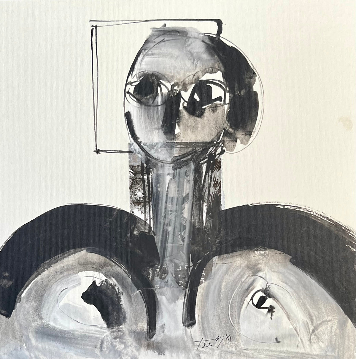 Portrait stylisé en noir et blanc — Abdelkarim El Azhar, 25 × 25 cm