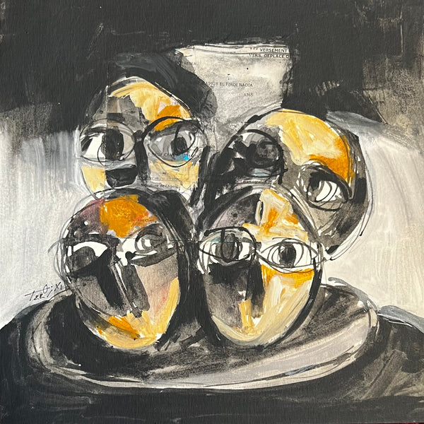 Quatre visages sur fond gris et noir — Abdelkarim El Azhar