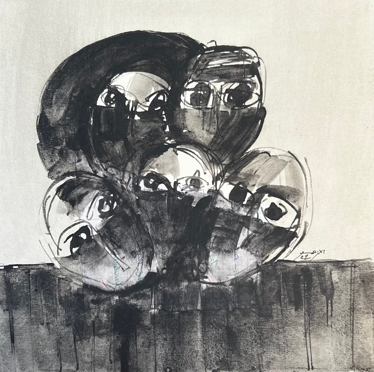 Visages superposés en noir et blanc, 25 × 25 cm