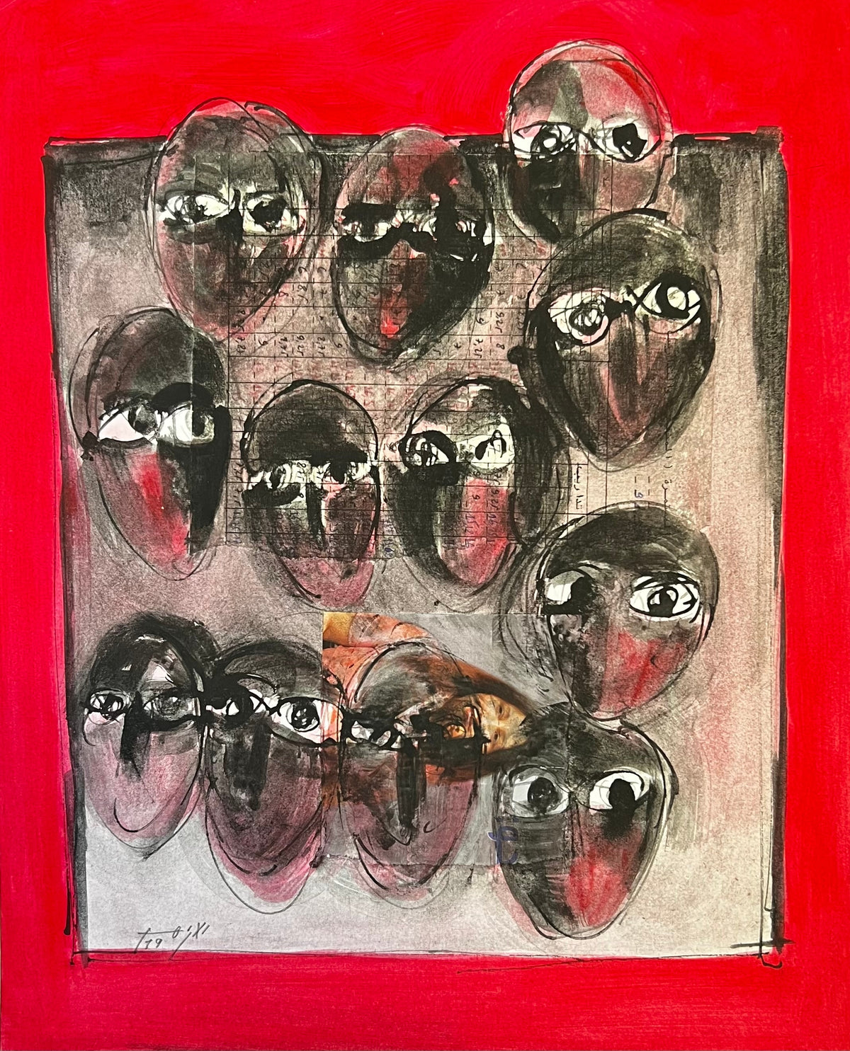 Group of Faces on a Red Background — Abdelkarim El Azhar, mixed media on cardboard, Moroccan painting