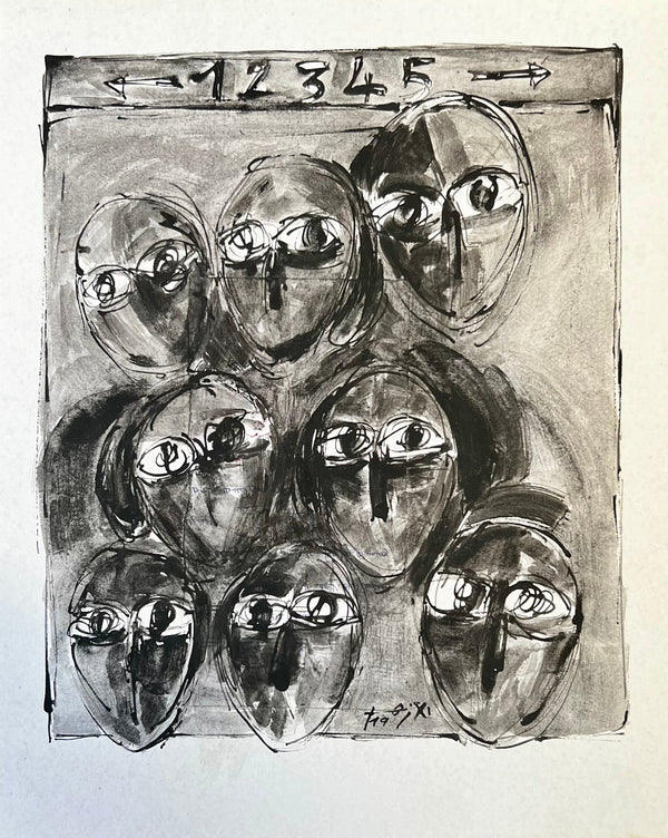 Visages alignés dessinés en noir et blanc — Abdelkarim El Azhar (Vendu)