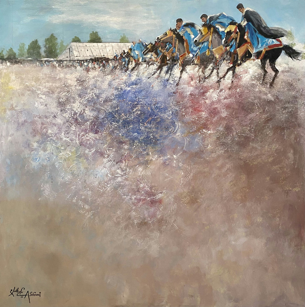 Galloping Horsemen — Abdessalam Sefraoui, mixed media on canvas, Moroccan painting