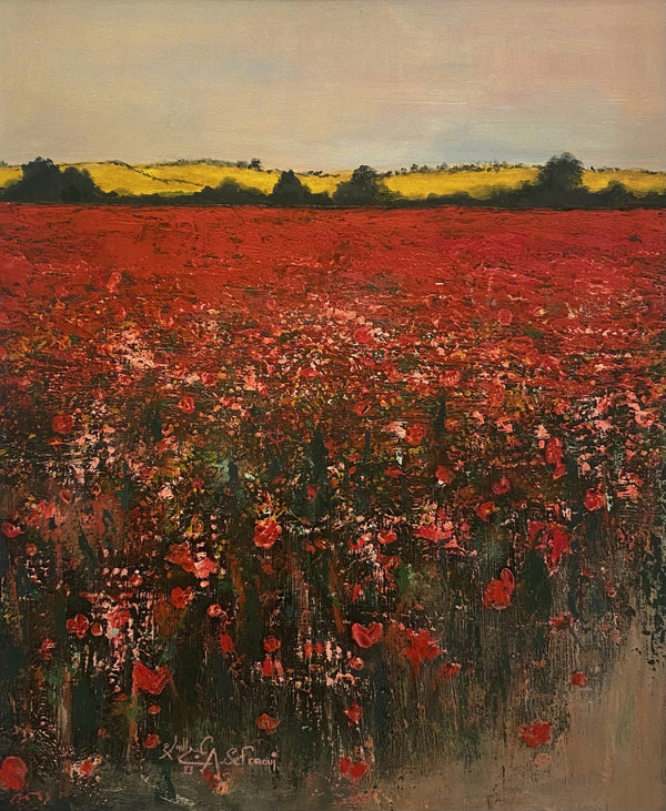 Field of Red Flowers — Abdessalam Sefraoui, mixed media on canvas, Moroccan painting