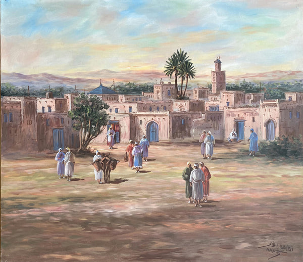Village de terre avec palmiers et minaret — Hafid Sidi Hbibi (Vendu)