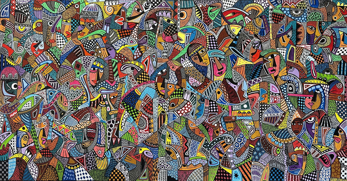 Mostapha Fakir — tableau décoratif coloré et animé représentant des figures abstraites et motifs colorés