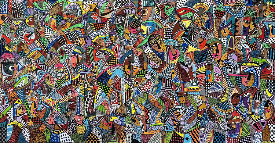 Mostapha Fakir — tableau décoratif coloré et animé représentant des figures abstraites et motifs colorés