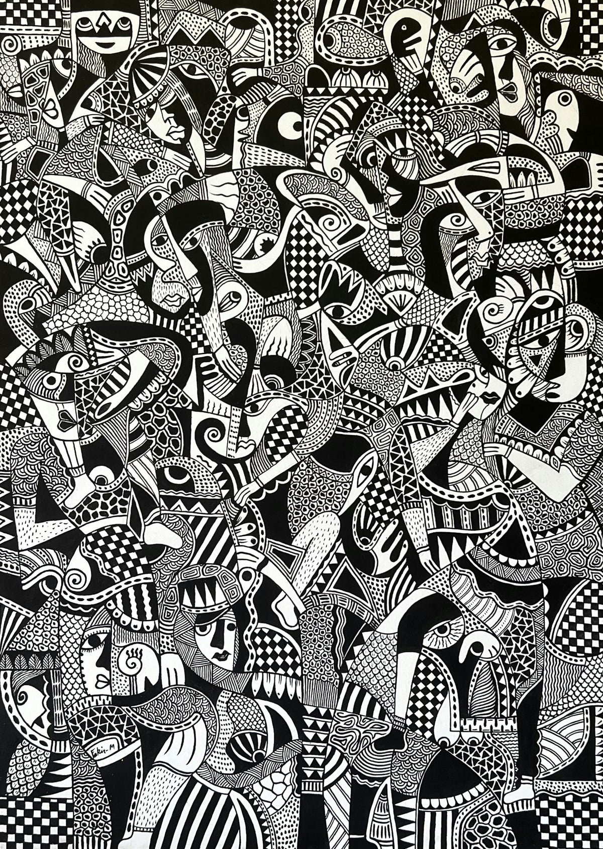 Personnages et animaux en noir et blanc — Mostapha Fakir, 140 × 100 cm
