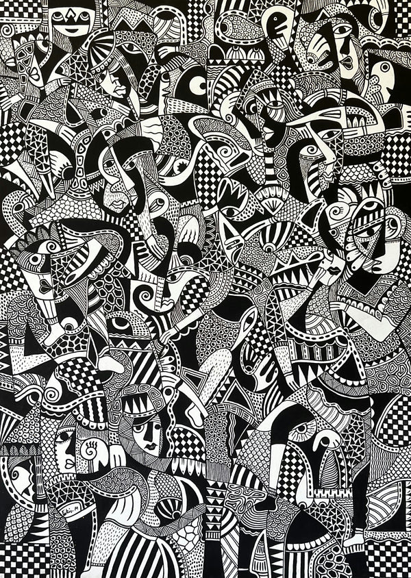 Figures and Animals in Black and White — Mostapha Fakir, oil on canvas, Moroccan painting