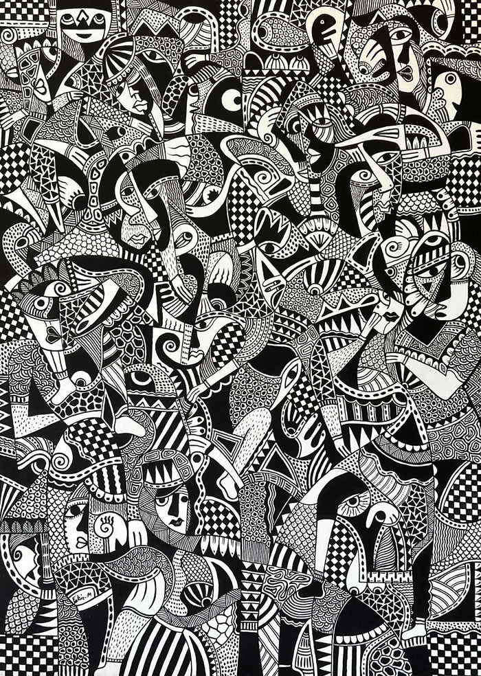 Mostapha Fakir — œuvre abstraite en noir et blanc aux motifs géométriques