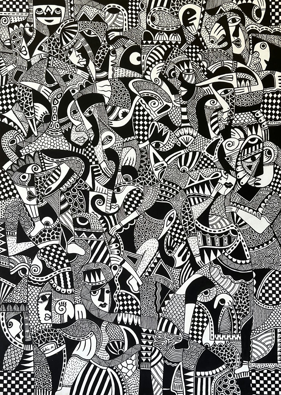 Œuvre abstraite en noir et blanc aux motifs géométriques