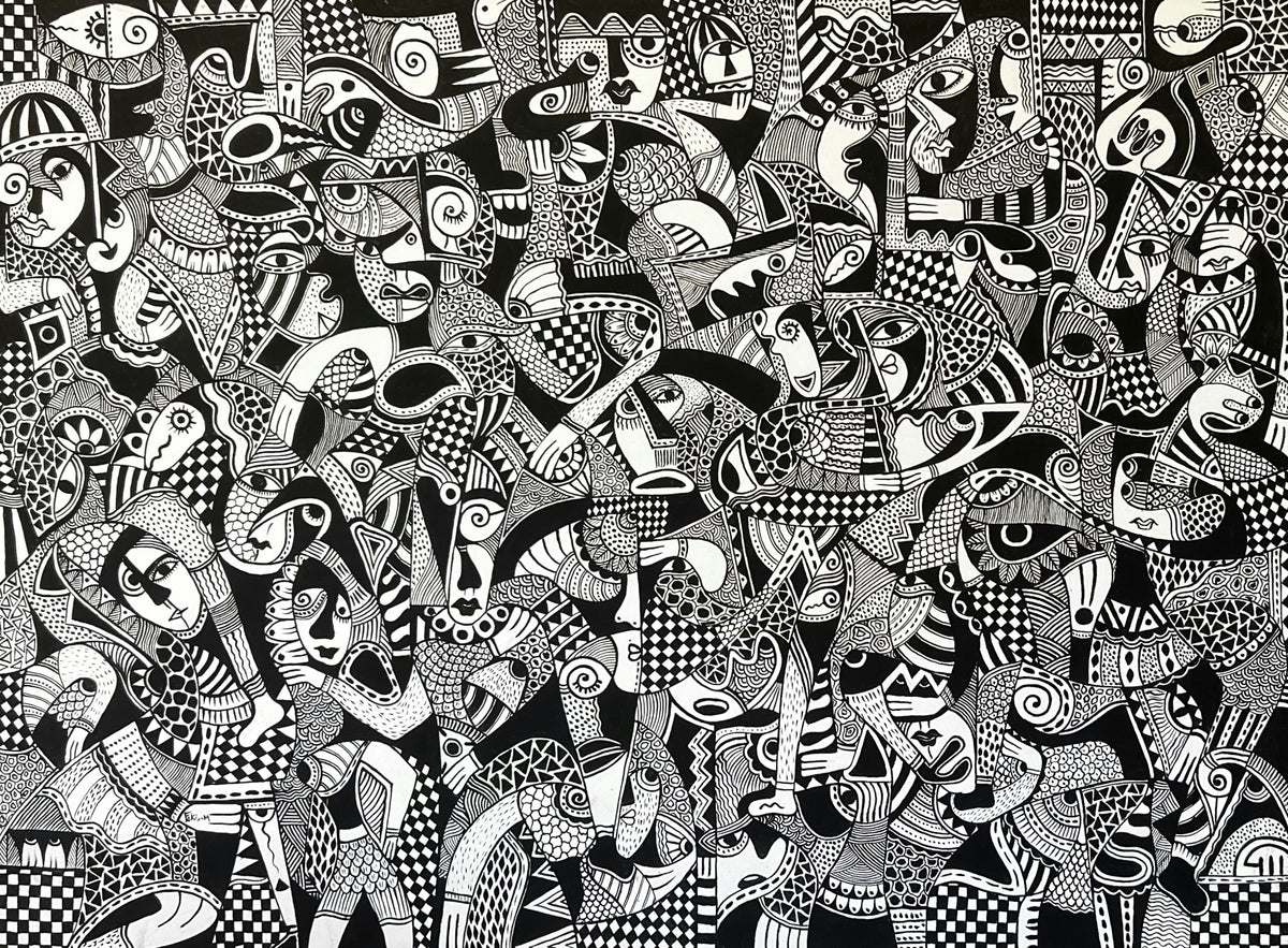Figures imbriquées en noir et blanc — Mostapha Fakir, 110 × 150 cm