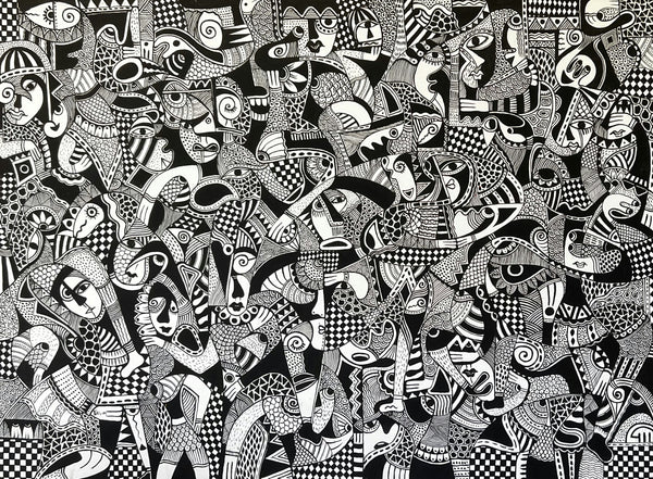 Interlocking Figures in Black and White — Mostapha Fakir, oil on canvas, Moroccan painting