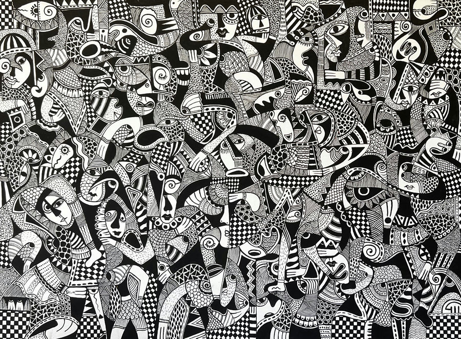Œuvre abstraite en noir et blanc avec motifs géométriques et figures humaines stylisées