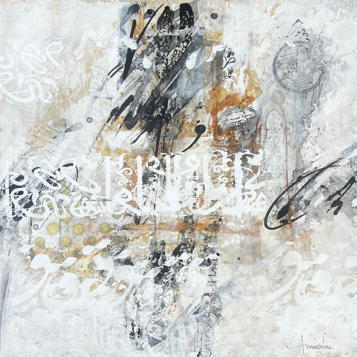 White Signs and Black Gestures on a Light Background — Mustapha Amnaine, mixed media on panel, Moroccan painting