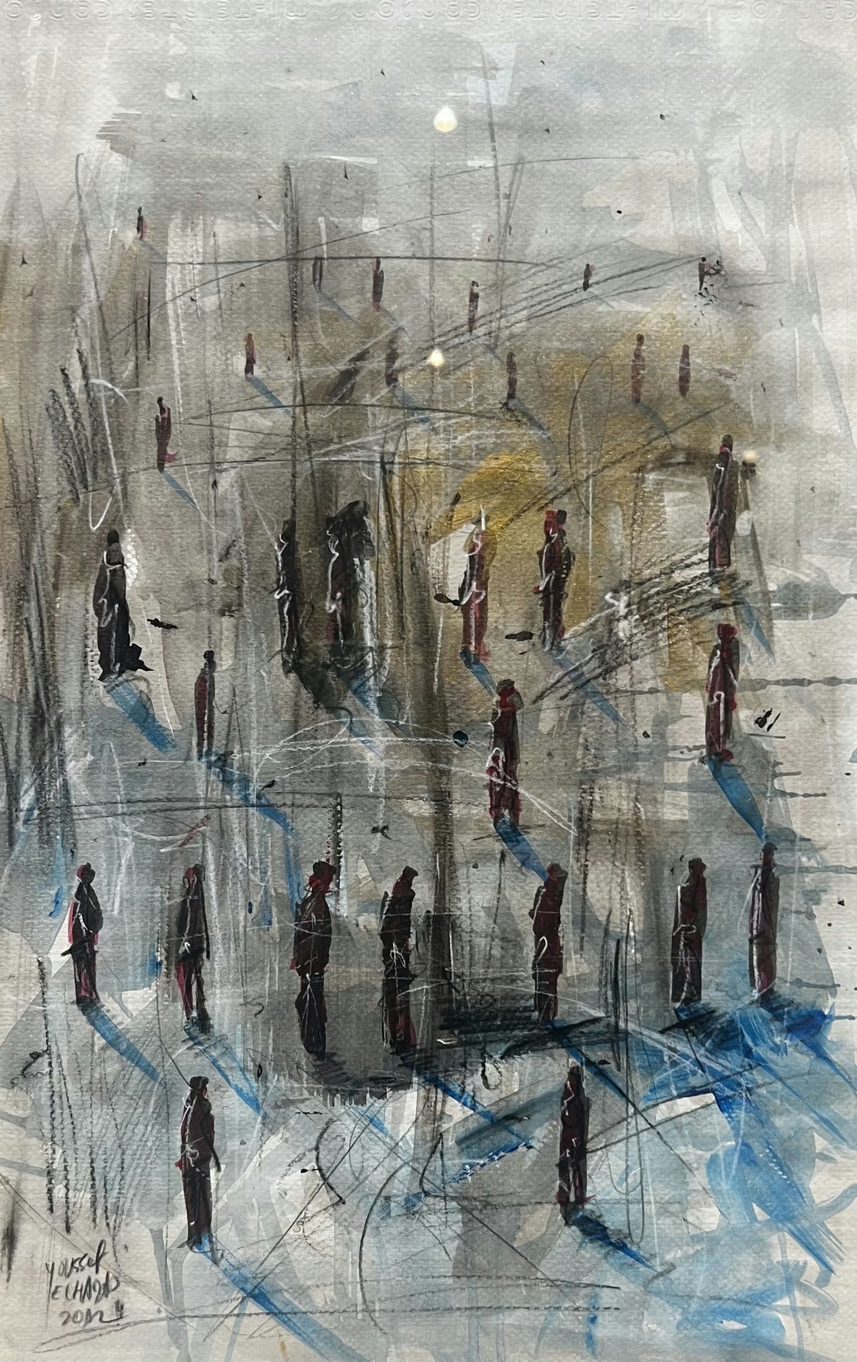 Silhouettes dans une architecture grise — Youssef El Haddad, 50 × 30 cm