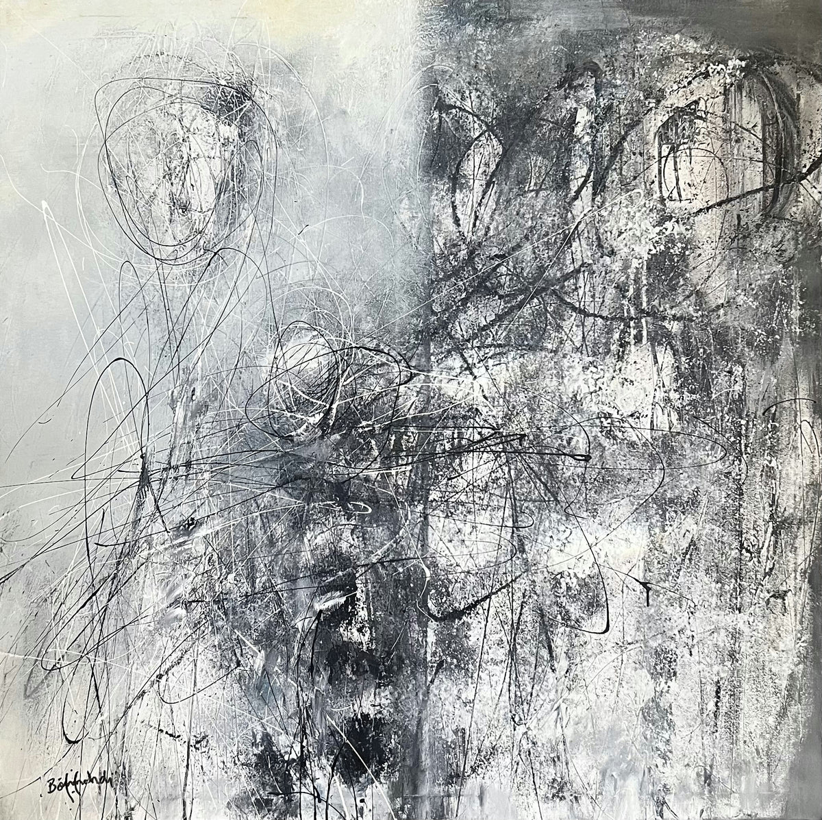 Entrelacs noirs sur fond gris — Aziz Boumehdi, Technique mixte sur toile, 90 × 90 cm