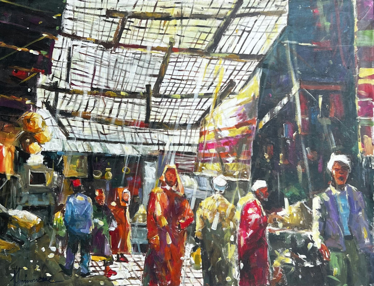 Passage de souk aux personnages colorés — Abdellah Hamimoune, Technique mixte sur toile, 78 × 100 cm