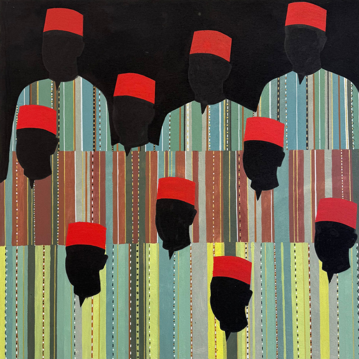 Personnages aux tarbouches rouges — Mohamed Benhamza, Technique mixte sur toile, 120 × 120 cm