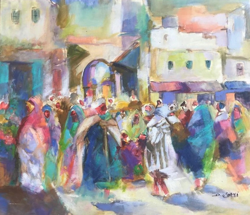 Foule dans une rue aux façades claires — Driss Nyami, Technique mixte sur toile, 75 × 86 cm