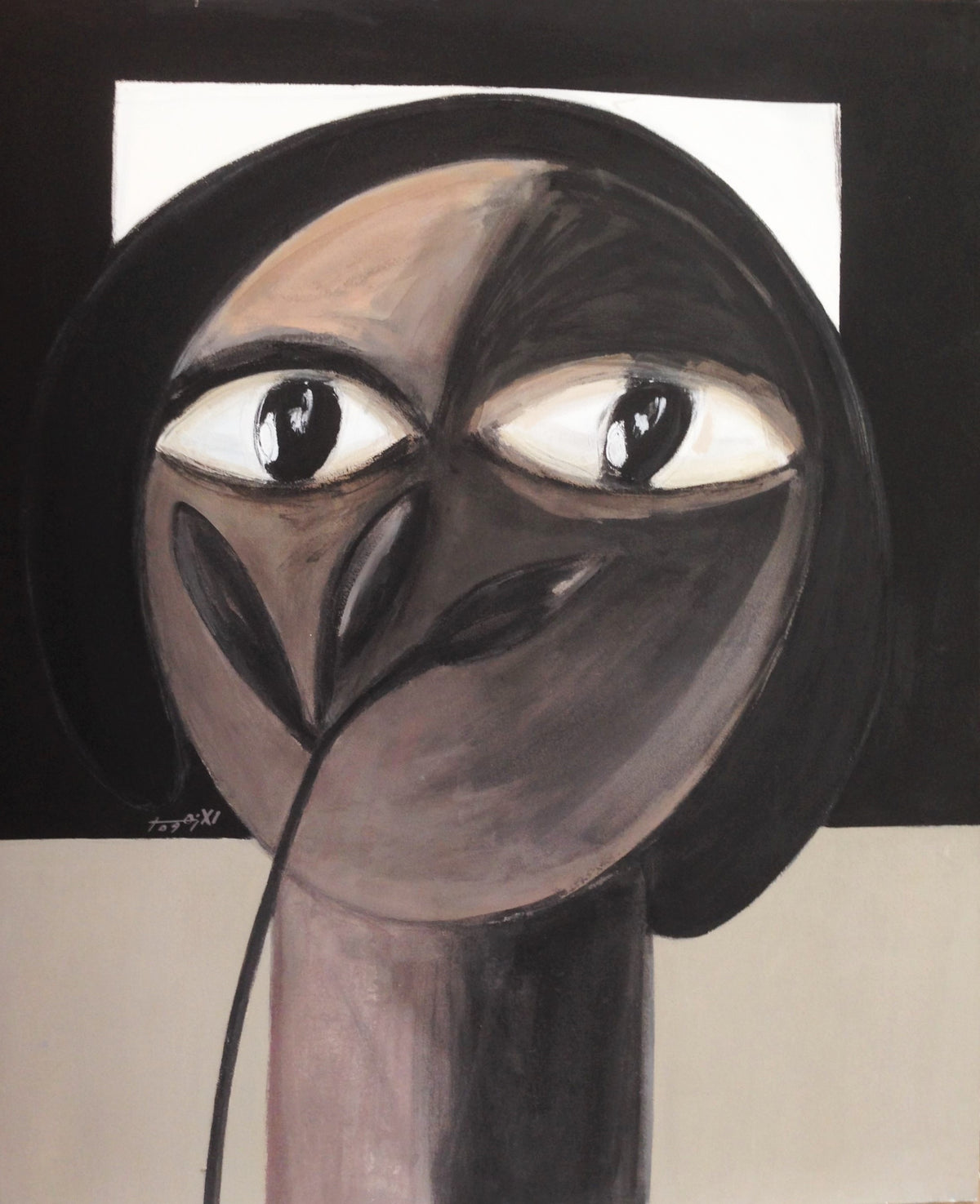 Portrait aux grands yeux et aux formes brunes — Abdelkarim El Azhar, 110 × 90 cm