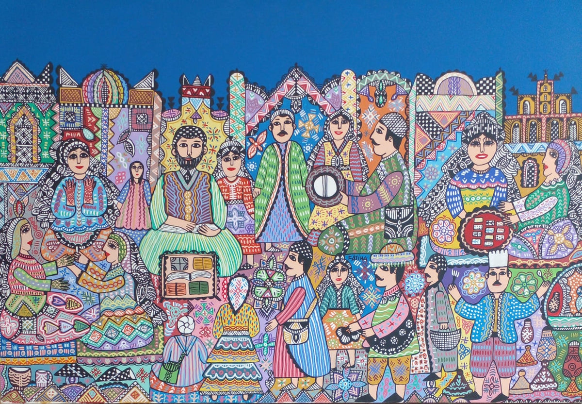 Personnages et architecture sur fond bleu — Fatiha Lahmer, 60 × 120 cm