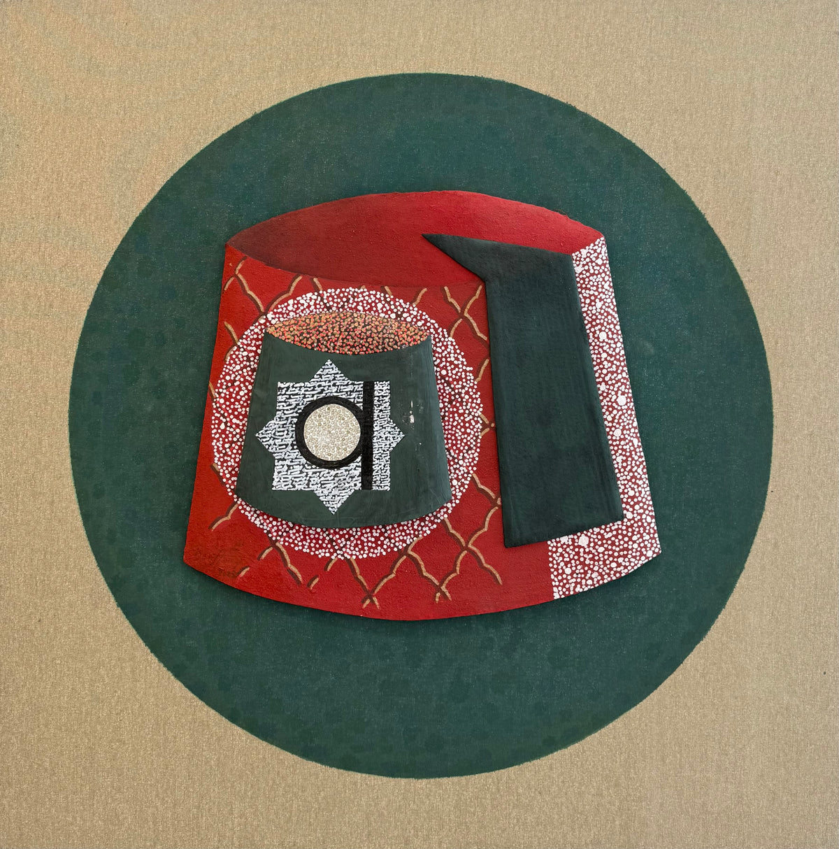 Tarbouche rouge dans un médaillon vert — Mohamed Benhamza (Vendu), Technique mixte sur toile, 90 × 90 cm