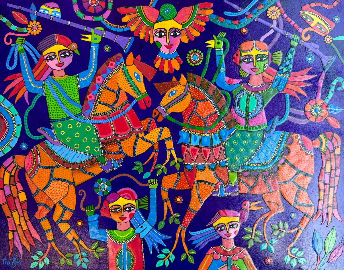 Tableau naïf de cavaliers — Abderrahim Trifis, 32 × 25 cm