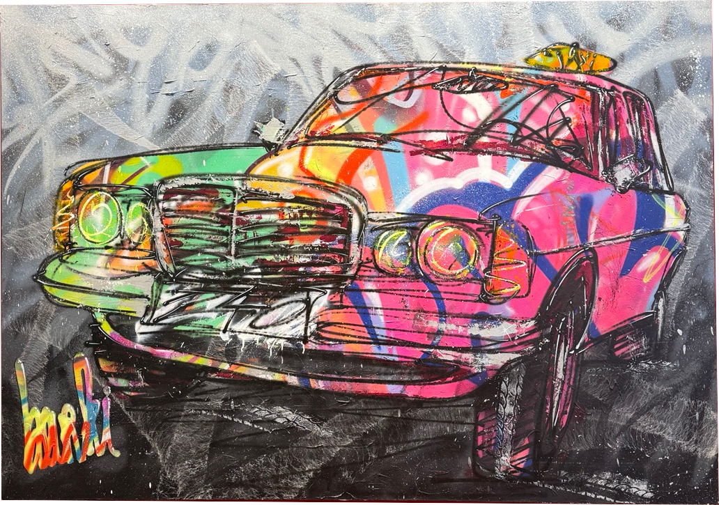 Tableau de taxi Mercedes multicolore par Cheaib El Barki, œuvre originale de 140 × 200 cm