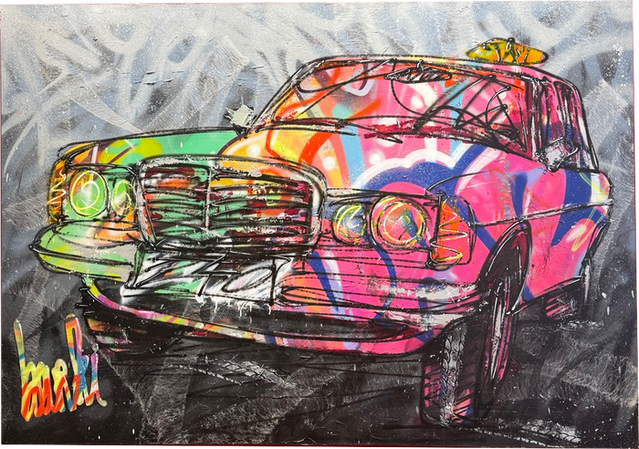 Tableau de taxi Mercedes multicolore par Cheaib El Barki, œuvre originale de 140 × 200 cm