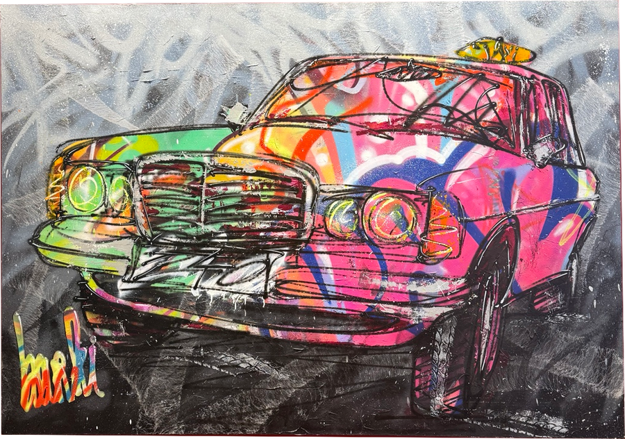 Tableau de taxi Mercedes multicolore par Cheaib El Barki, œuvre originale de 140 × 200 cm