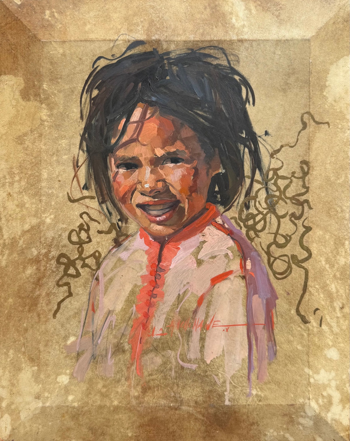 Portrait d’enfant aux motifs calligraphiques de Hassan Hachchane, huile sur peau, 51 × 42 cm