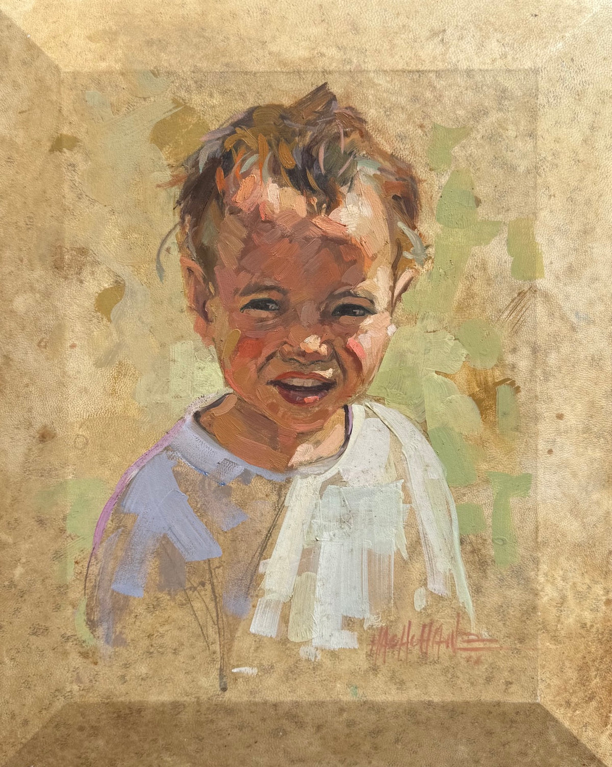 Portrait d’enfant souriant de Hassan Hachchane, huile sur peau, 51 × 42 cm