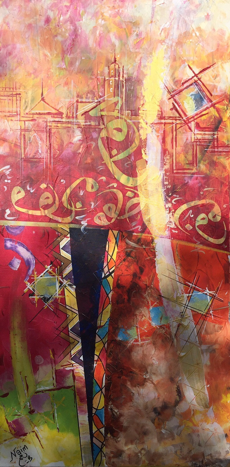Signs and Textures in Pink and Ochre Tones — Naim, mixed media on canvas, Moroccan painting