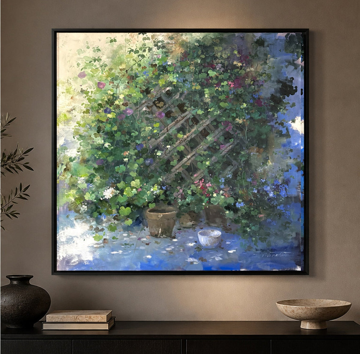Jardin fleuri et treillage — Mehdi Marine, Technique mixte sur toile, 100 × 100 cm