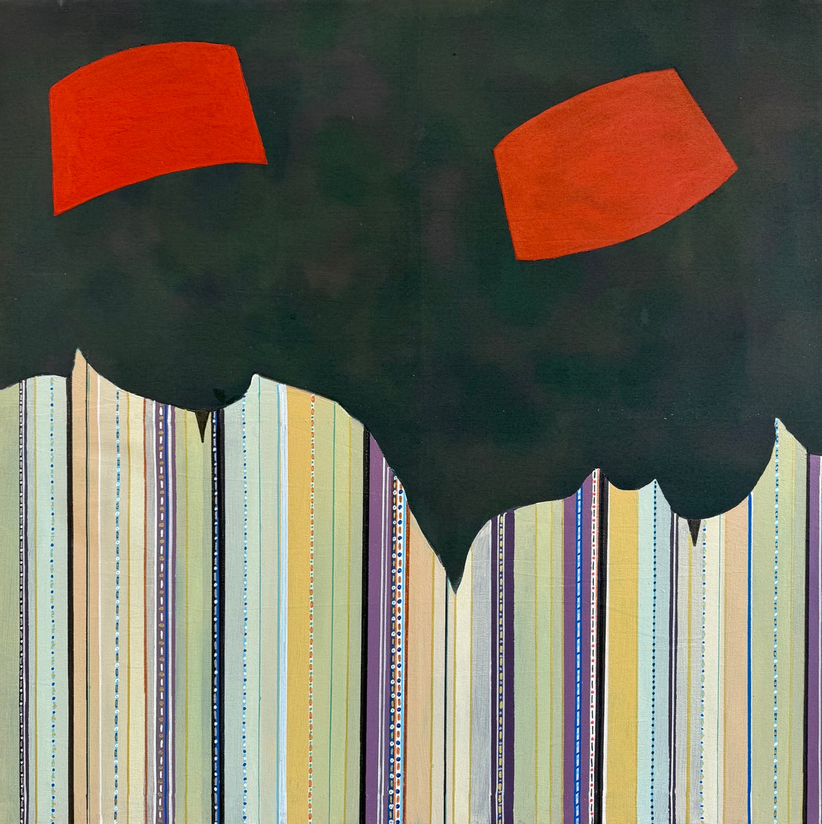 Duo aux tarbouches rouges de Mohamed Benhamza, deux personnages aux vêtements rayés, tableau de 120 × 120 cm