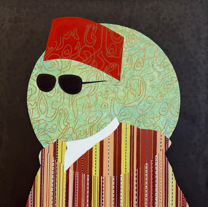 Portrait au tarbouche rouge de Mohamed Benhamza, figure aux lunettes noires, tableau de 120 × 120 cm