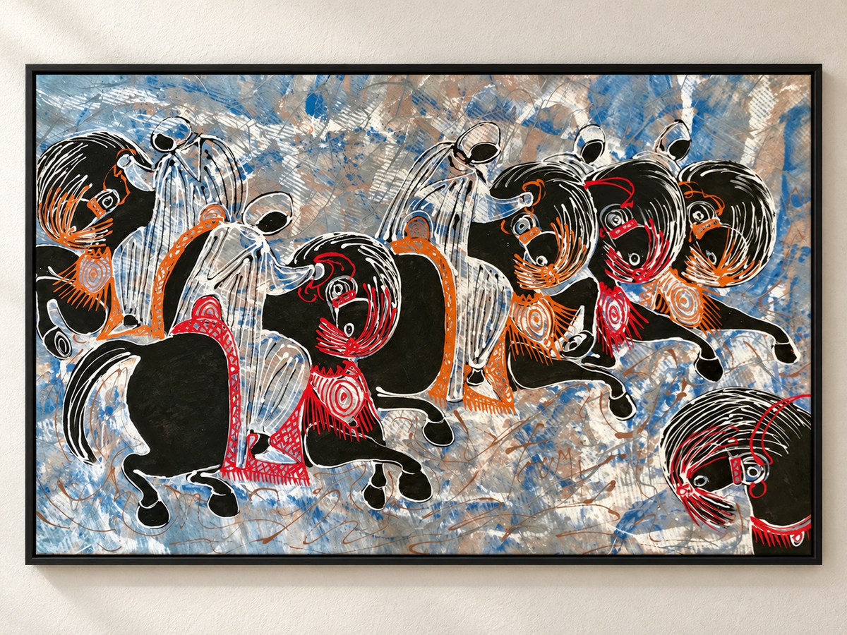 Mohamed Toumi — horse painting, 100 × 160 cm — presentation with a thin black frame