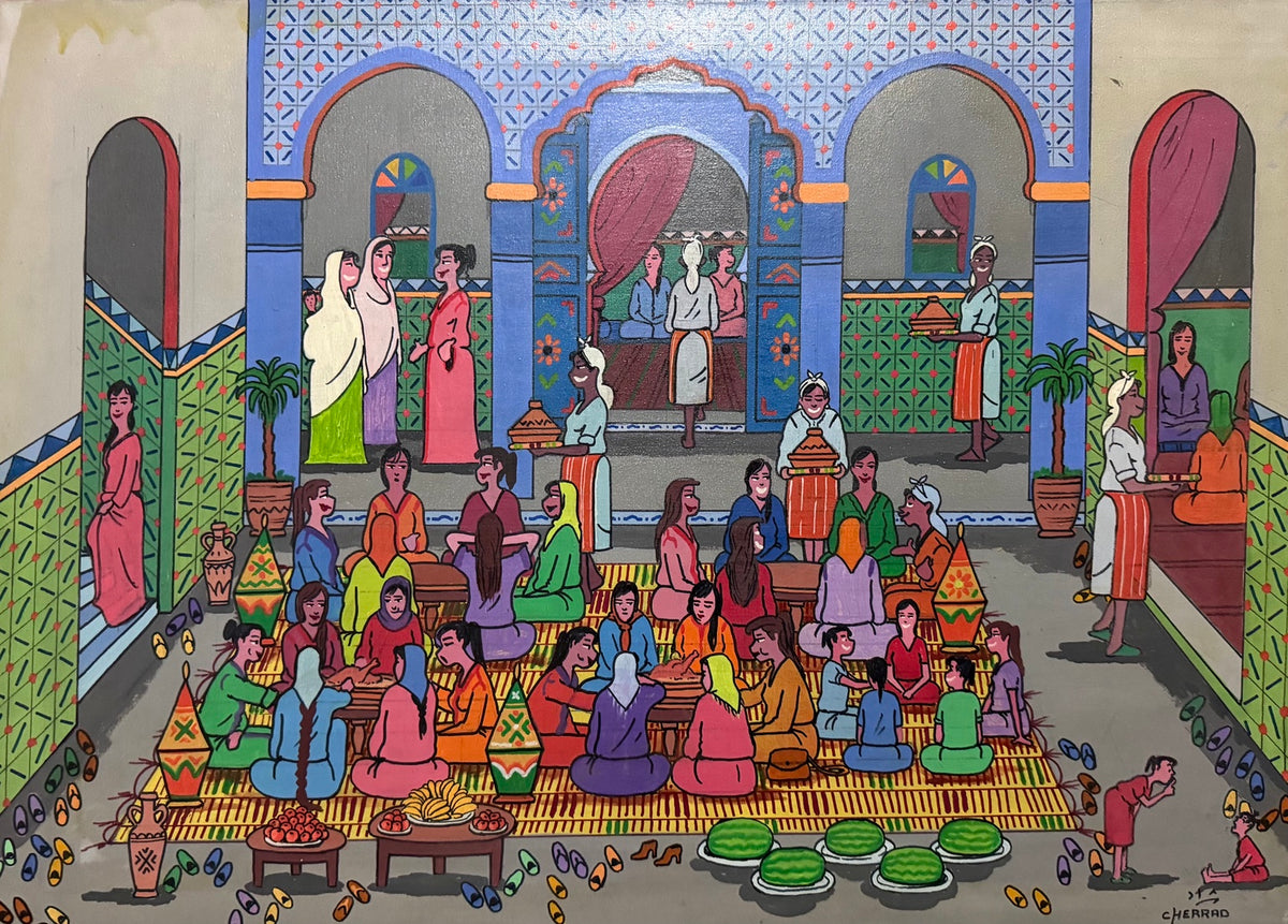 Femmes réunies dans un patio marocain — Mostafa Cherrad, Technique mixte sur toile