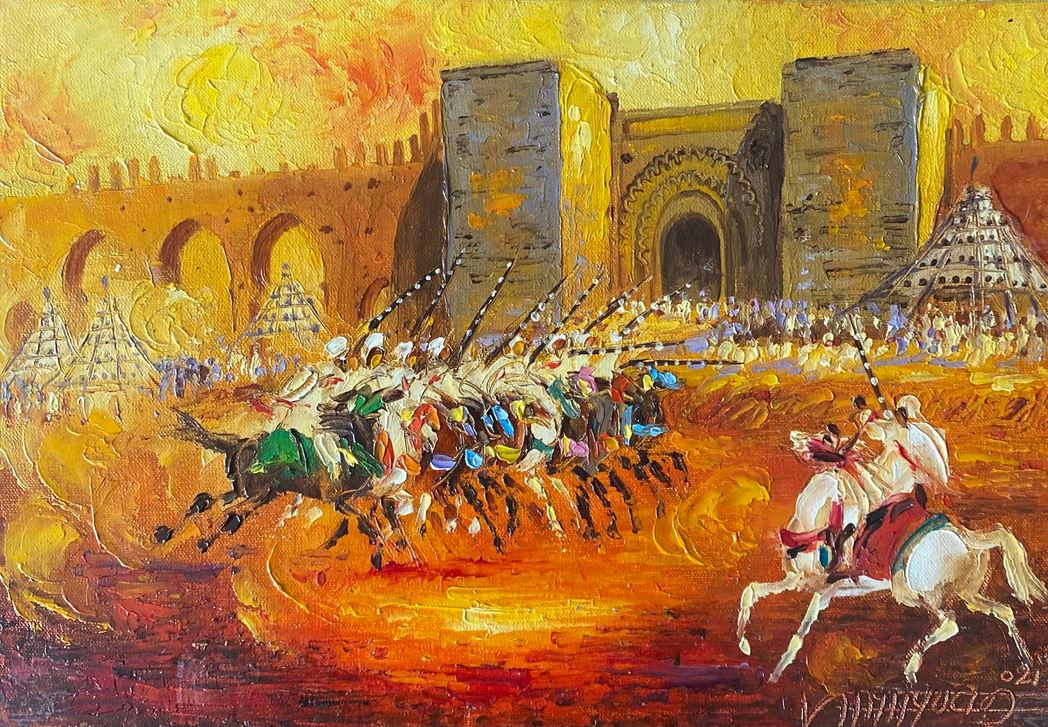 Horsemen Before the Ramparts under a Yellow Sky — Abdelali Amayoud, oil on canvas, Moroccan painting